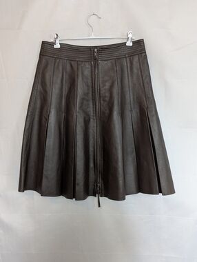 Margaret M A-line Pleated Full Zip Genuine Leather Skirt